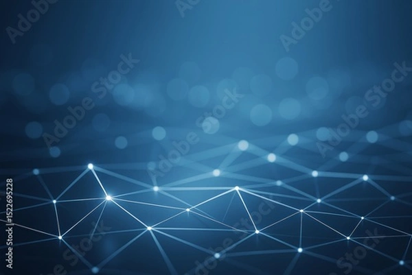 Fototapeta Abstract blue digital network background with glowing light points and connecting lines on a dark gradient backdrop, futuristic technology concept.