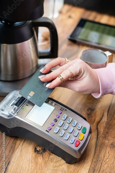 Fototapeta A woman's hand pays with a credit card at a payment terminal in a cafe