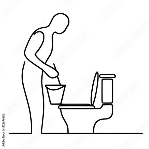 Obraz Person cleaning toilet with bucket in a minimalist outline style concept of single line outline vector  