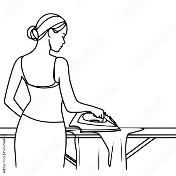 Obraz Woman ironing clothes at home in a minimalist outline vector style  
