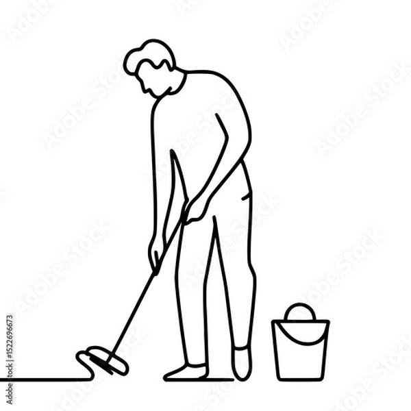 Obraz Man cleaning the floor with a mop beside a bucket in a minimalist style - Concept of single line outline vector
