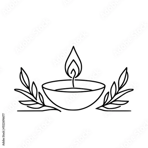 Obraz Decorative candle with flame and leaves in simple line art style Concept of single line outline vector  