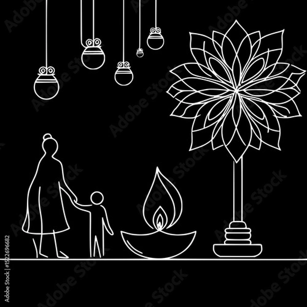 Obraz Mother and child standing near a lamp and decorative flower outline  
