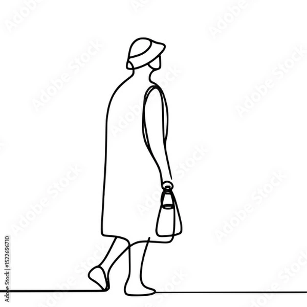 Obraz Woman walking with handbag in vector style with single line outline, back view