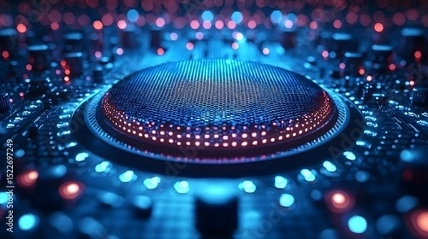 Fototapeta Futuristic neon speaker pulsing with sound waves and deep bass beats