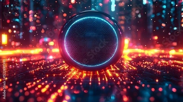 Fototapeta Futuristic neon speaker levitating in a cityscape