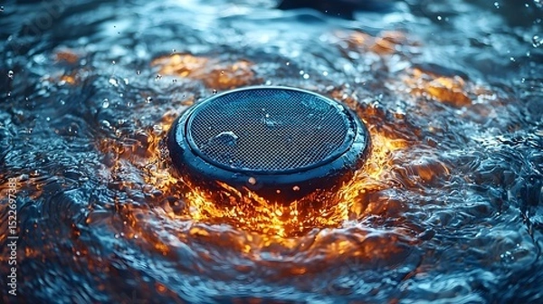 Fototapeta Glowing neon speaker submerged in rippling water