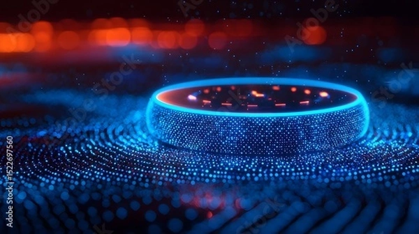 Fototapeta High tech speaker with glowing blue neon controls analyzing soundwaves in real time