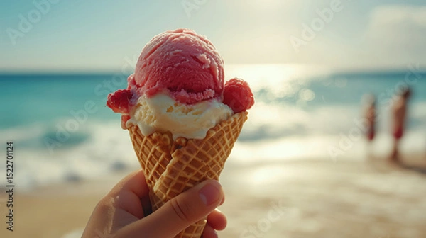 Fototapeta Hand holding ice cream cone with raspberries on beach at sunset