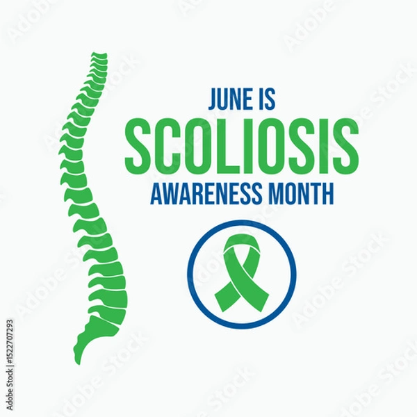 Fototapeta June is Scoliosis Awareness Month poster vector illustration. Human spine green silhouette icon vector. Green awareness ribbon symbol. Template for background, banner, card. Important day