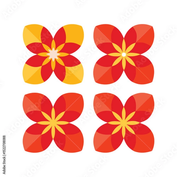 Fototapeta Four abstract flower designs with red and yellow petals arranged on a white background