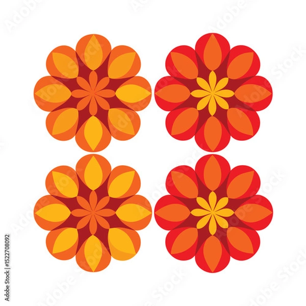 Fototapeta Four colorful retro floral designs arranged on a white background in square arrangement