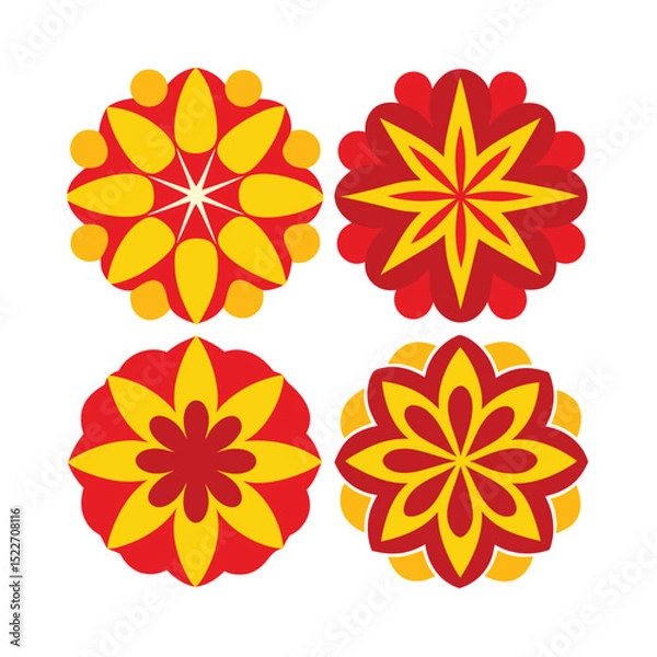 Fototapeta Four decorative floral circular geometric patterns with red yellow and orange colors