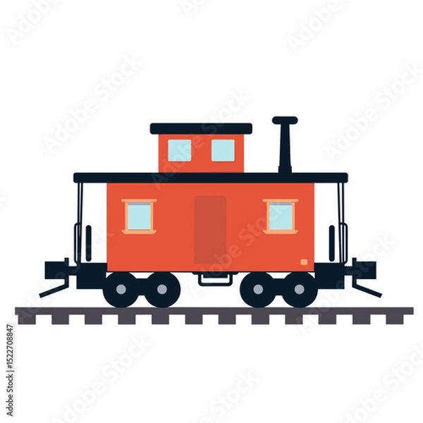 Obraz Illustration of a Red Caboose Train Car on Railroad Tracks, Flat Design Style