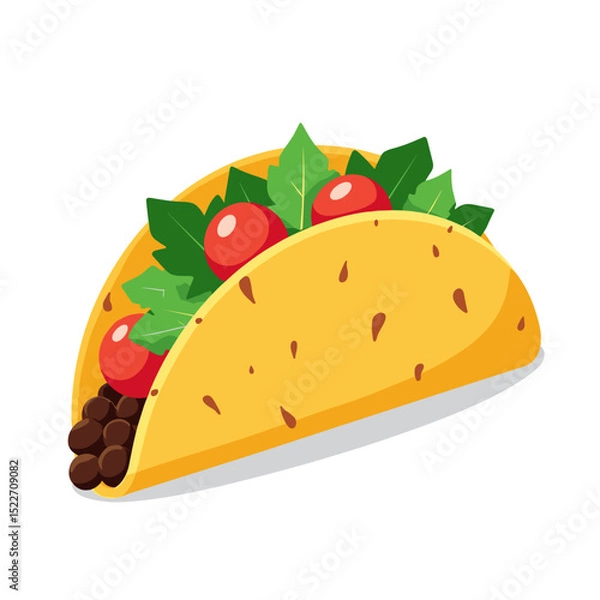 Fototapeta Delicious Cartoon Taco with Beans, Tomatoes, and Greens Illustration on White Background