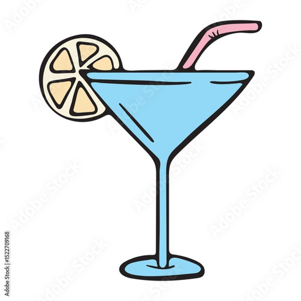 Obraz Martini glass with lemon and straw. Beach cocktail. Simple hand drawn vector doodle illustration isolated on white background for print, icon, sticker