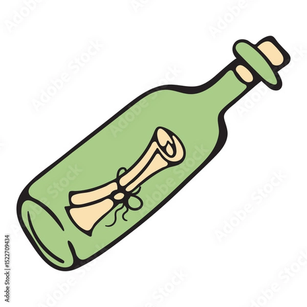 Obraz Pirate bottle with a note inside. Simple hand drawn vector doodle illustration isolated on white background for print, icon, sticker