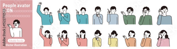 Obraz 様々なポーズの人物アバターアイコン 人々の表情と仕草アイコン　コミュニケーションと感情表現のイラスト ベクター素材集 (男女/ミュニケーション/感情表現/シンプルライン)