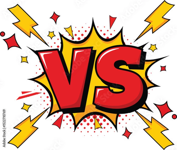 Obraz vs comic-style bold lettering with lightning bolts and abstract fire elements