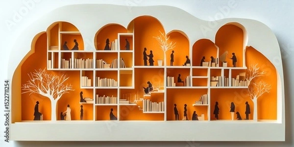 Fototapeta Visually striking paper cut representation of an inclusive library setting that promotes education access and knowledge sharing for people of all ages within a community