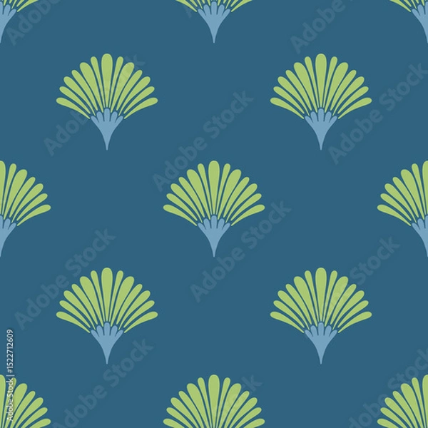 Fototapeta Hand drawn green scalloped leaves seamless pattern. Semi-circular fan shapes abstract flowers in a marine style on dark blue background. Ideal for textiles, wallpapers, and interior decor