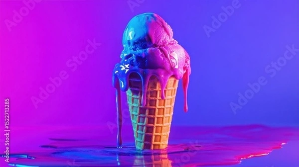 Fototapeta Melting neon ice cream in crispy waffle cone, futuristic food design, pop art color palette, vibrant dessert concept.