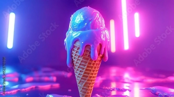 Fototapeta Melting neon ice cream in crispy waffle cone, futuristic food design, pop art color palette, vibrant dessert concept.