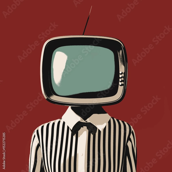 Obraz Pop Art AI Portrait of a Woman with Vintage Television Head and Striped Shirt on Red Background – Comic Style Concept of Media Identity