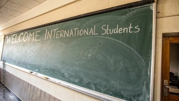 Fototapeta Welcoming international students ceremony classroom event announcement educational environment eye-level view diversity and inclusion