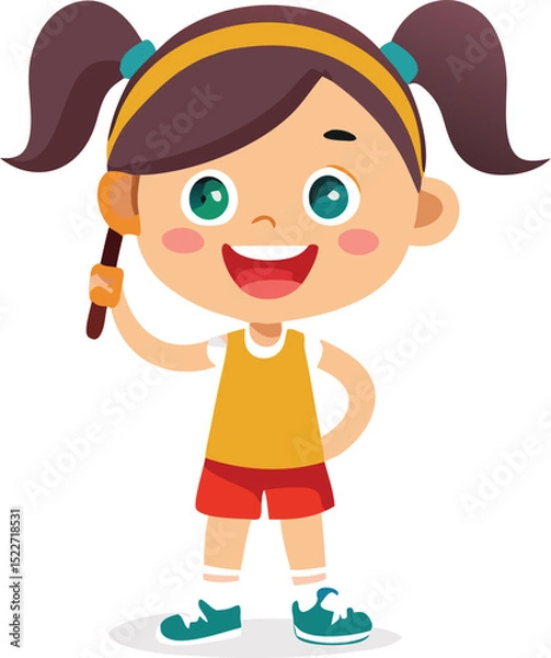 Obraz Joyful cartoon girl with pigtails holding a baton ready for a cheerleading routine