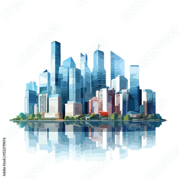 Fototapeta Professional Urban Cityscape with Many Storeyed Buildings on White Background for Graphic Design Projects