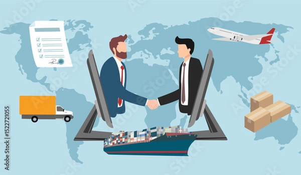 Obraz worldwide shipping by air and sea fright transport. transportation route. geo tagging. modern dot world map with coy space concept illustration.