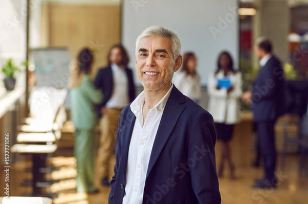 Fototapeta Portrait of mature businessman at business event, conference or training in office. Happy grey haired senior man in suit standing in office, looking at camera and smiling