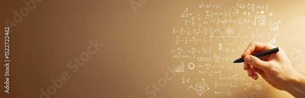 Fototapeta Hand writing scientific formulas on abstract gradient background with math symbols and diagrams for science banner or educational template concept.