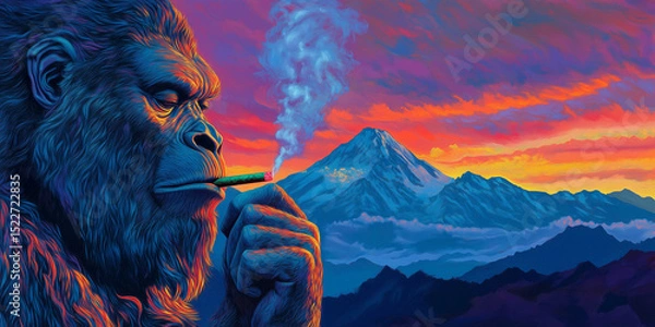 Obraz Bigfoot Smoking a Blunt with Psychedelic Sunset in Background