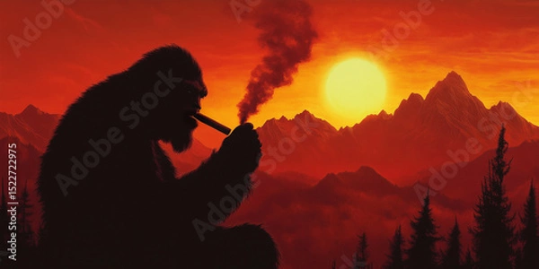 Obraz Bigfoot Smokes at Sunset With Psychedelic Hues and Mountain View