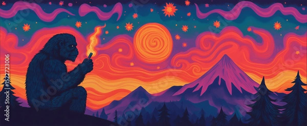 Obraz Bigfoot Smoking in Psychedelic Scenic View with Vibrant Colors