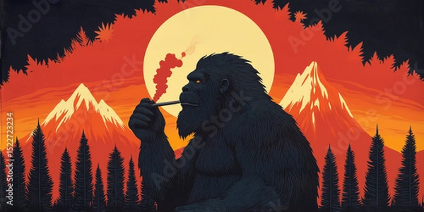 Obraz Bigfoot Smoking in Psychedelic Landscape with Vivid Sunset and Mountains