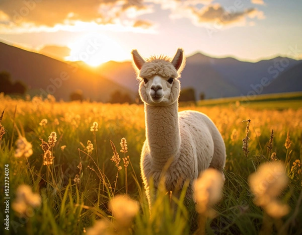 Fototapeta a young alpaca in a wide field. Lama pacos.