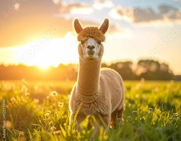 Fototapeta a young alpaca in a wide field. Lama pacos.
