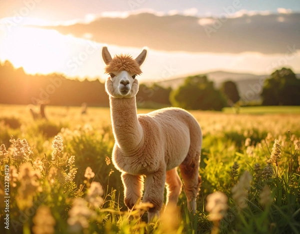 Fototapeta a young alpaca in a wide field. Lama pacos.