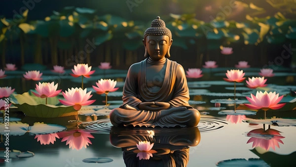 Obraz Buddha statue in meditation surrounded by lotus flowers on calm water, traditional Vesak festival in Buddhism