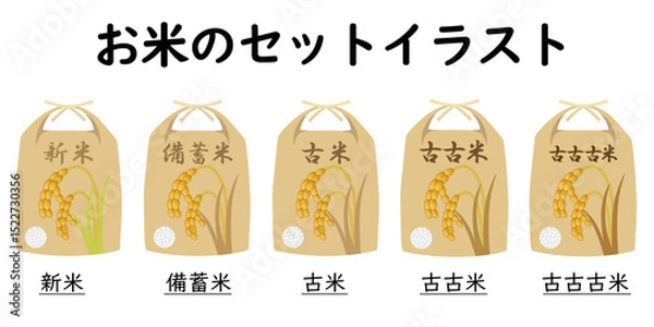 Obraz お米（新米、備蓄米、古米、古古米、古古古米）のセットイラスト