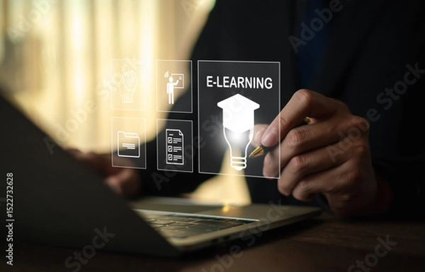 Fototapeta Through e-learning platforms students can develop their skills by attending online seminars, taking courses, and accessing a library of digital content such as videos tutorials and online media texts.