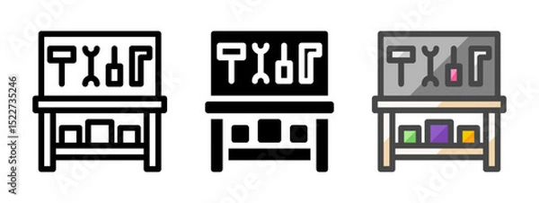 Fototapeta Multipurpose workbench vector icon in outline, glyph, filled outline style. Three icon style variants in one pack.