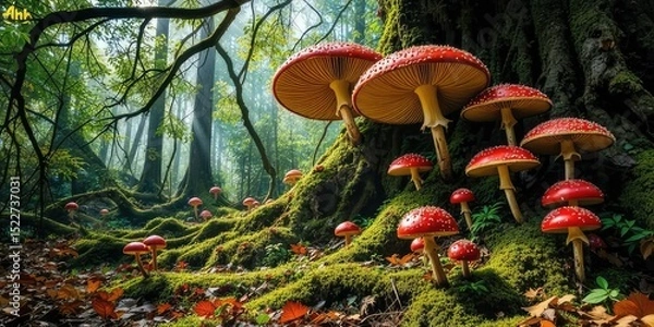 Fototapeta Majestic Red Toadstools in Enchanting Mossy Forest