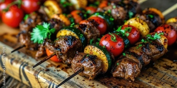 Fototapeta Rustic Grilled Beef, Zucchini, and Cherry Tomato Skewers on Wooden Board