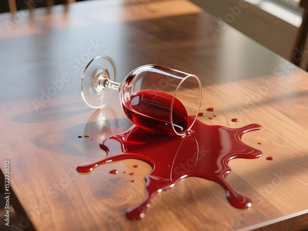 Obraz Spilled Red Wine Glass on Wooden Table with Natural Light Reflection