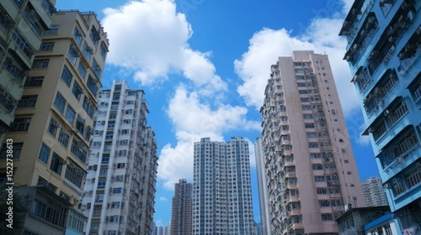 Obraz High-rise residential flats towering into a vivid blue sky with soft white clouds, seen from street level