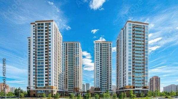 Obraz Modern apartment towers with reflective windows mirroring the blue sky and scattered clouds